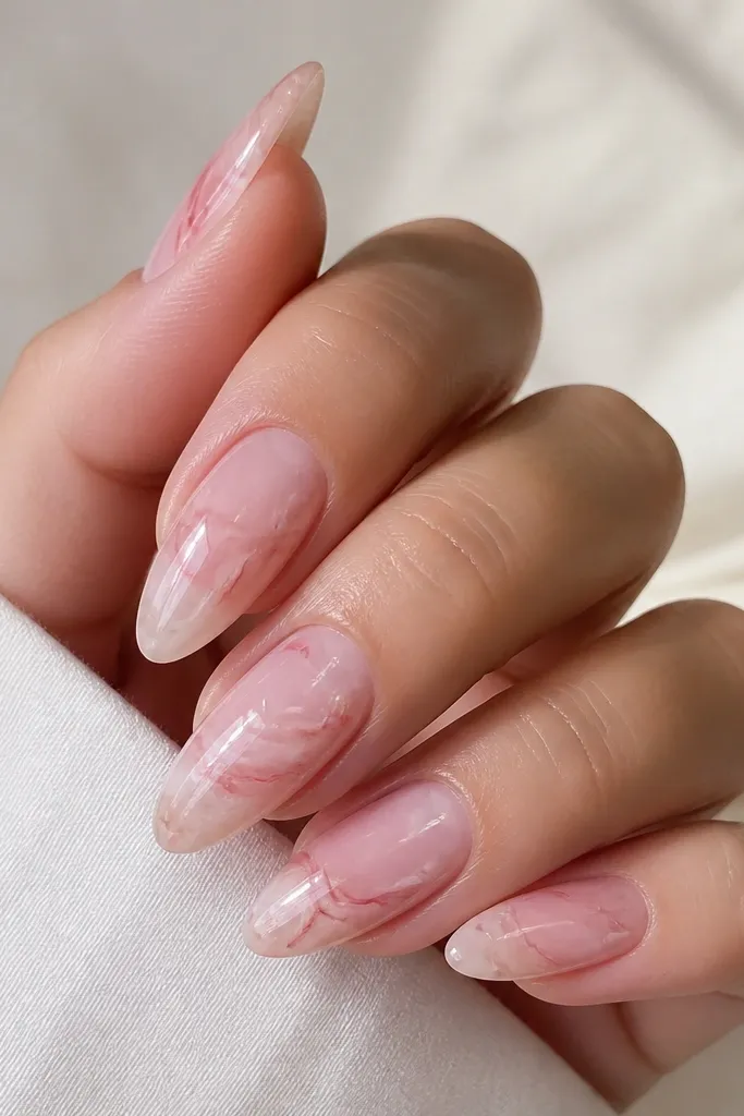 Almond nails in a pale rose base. Each nail has a rose-quartz style marbled swirl in slightly deeper pink and transparent lines, with a thick glossy apex.