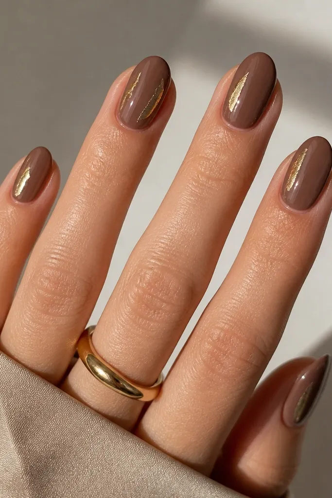 Short almond nails painted a deep mocha nude. On each nail there are tiny gold foil flicks near the center or along one side, with sharp edges and a glossy top coat.