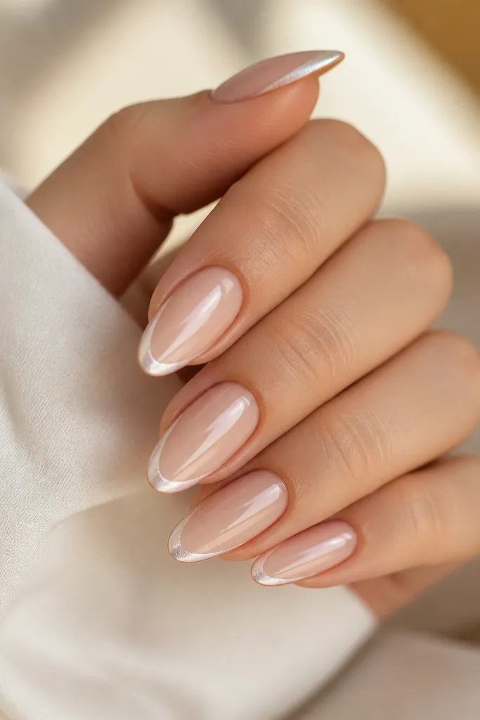 Pearl-white micro French tips on almond nails. The rest of each nail is a nude sheer pink, and the tip line looks slightly pearly rather than stark white.
