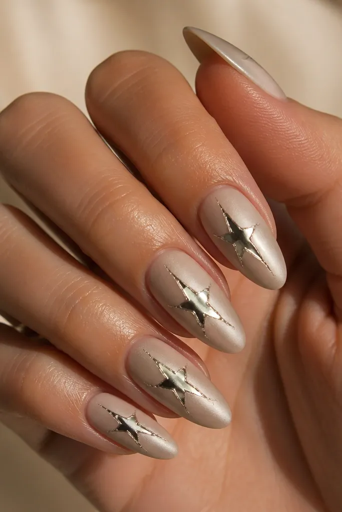 Satin nude almond nails. Each nail has a small chrome star shape in the center that looks partially broken or fractured, like uneven mirror shards.