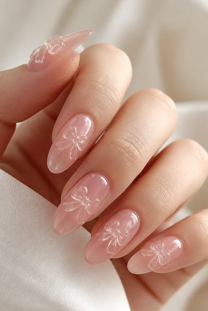 Clear jelly pink nails with a glossy finish. A tiny raised bow outline sits near the cuticle on each nail, made from a slightly darker pink gel.