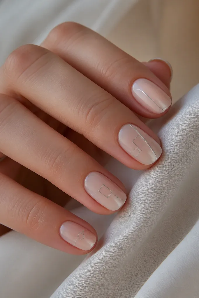 Vanilla nude nails with a frosty sheen. Each nail has thin silver line art - a simple curved arc or tiny geometric shape - near the side or center.