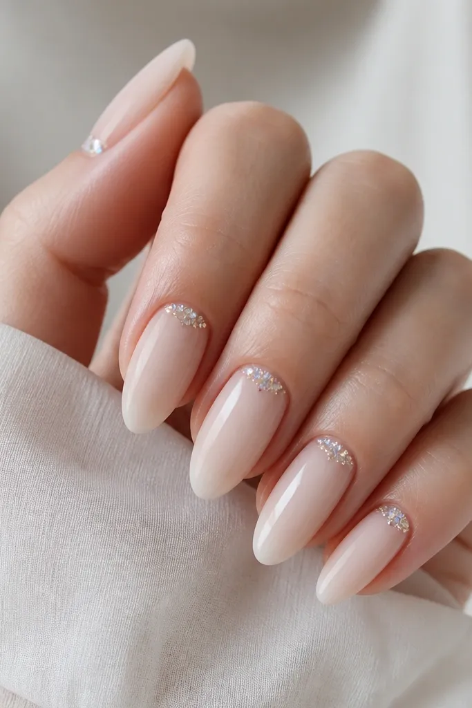 Milky nude almond nails. Tiny sparkly clusters sit right at the cuticle line on each nail, with a concentrated sparkle and clean edges.