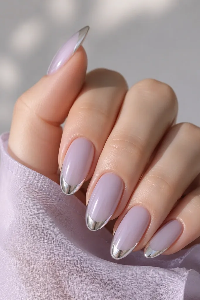 Soft lavender sheer almond nails. The tips are coated in silver chrome, forming a clean curved edge.