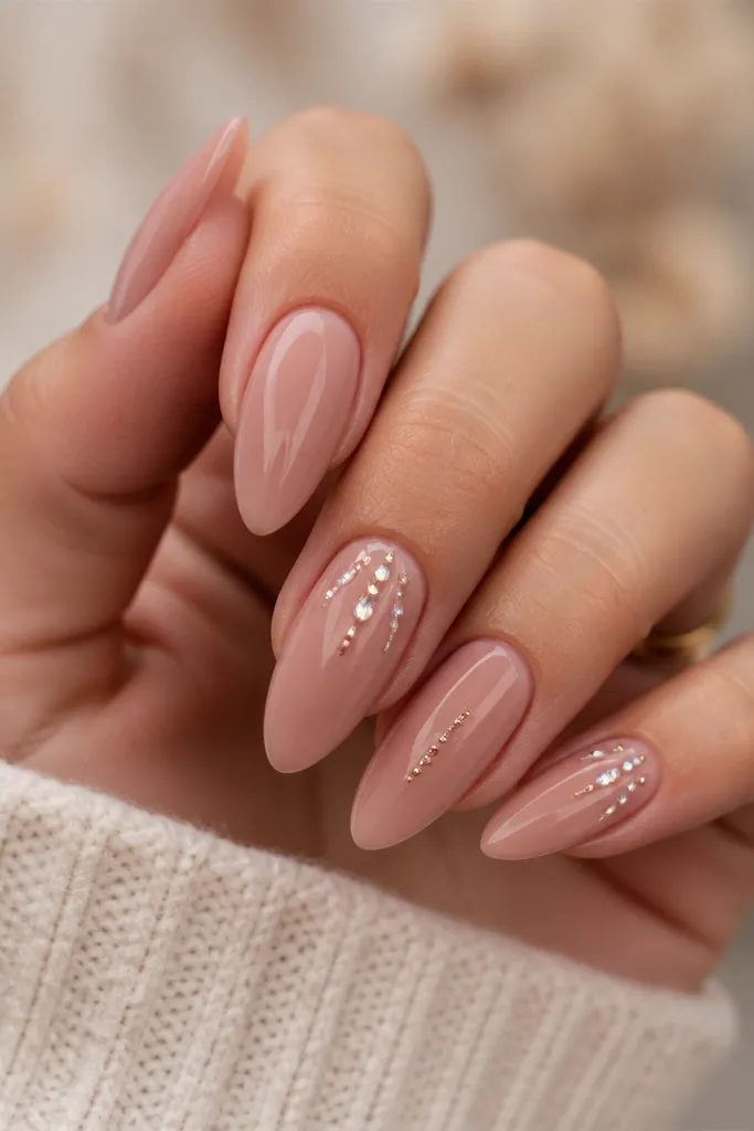 Rose nude almond nails with a glossy finish. Each nail has one tiny crystal teardrop at an angle near the side of the nail.
