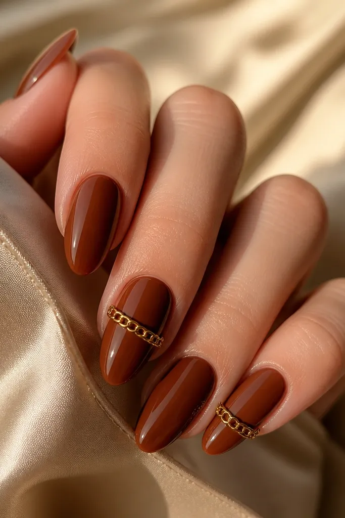 Warm red-brown nude almond nails. A thin gold chain link detail runs along the side edge of each nail, with tiny links visible.