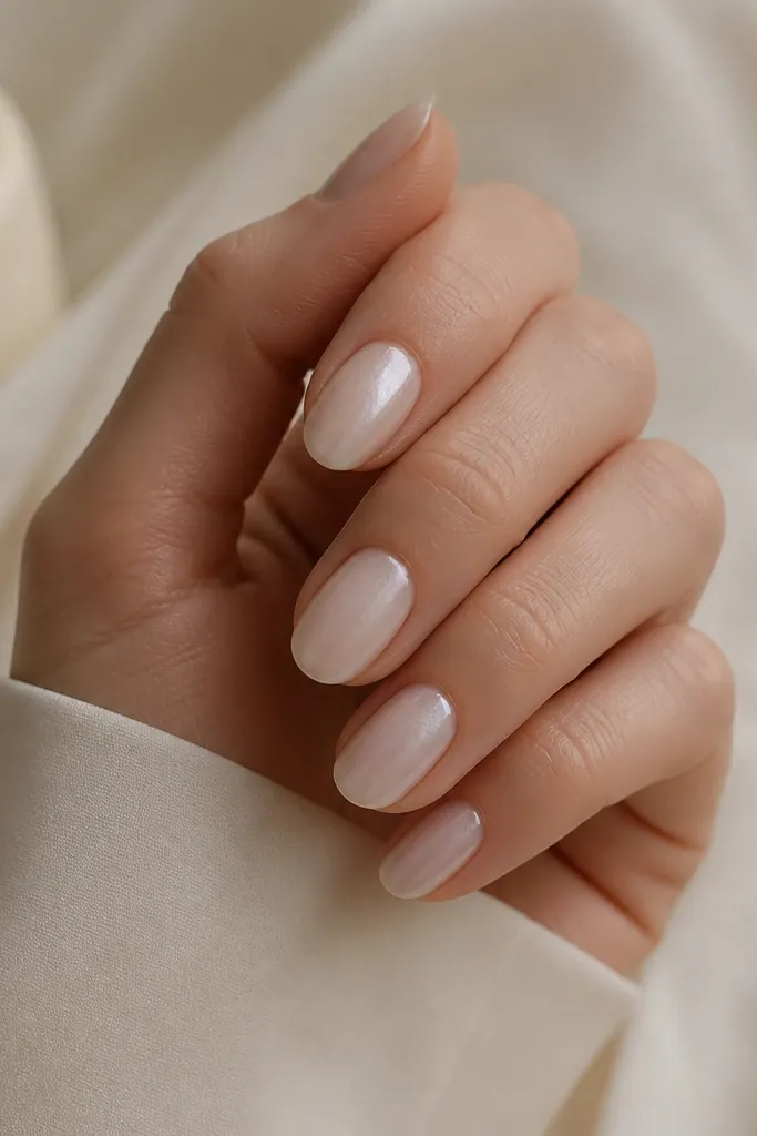 Short almond nails in a milky pearl base. The tips are coated in pearl-milk chrome with a smooth gradient from tip inward.