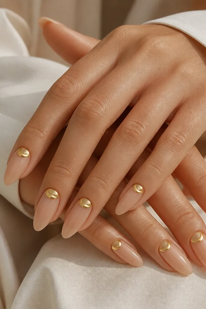 Sheer nude almond nails with a glossy finish. Each nail has small 3D gold half-moon shapes placed near the cuticle, like tiny crescents.