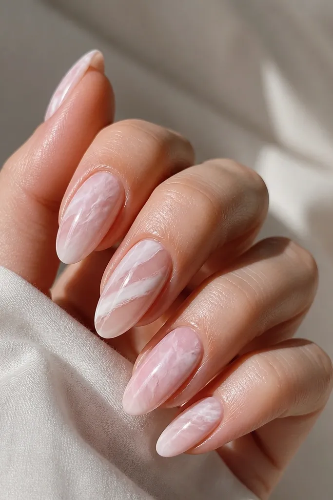 Almond nails with a pale icy pink marbled pattern. There are clear negative-space sections in a few streaks, so some lines look transparent.