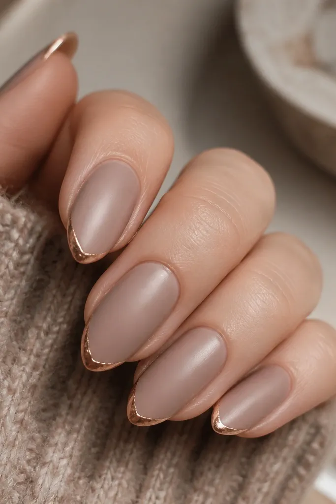 Satin taupe nude almond nails. A thin copper foil strip lines the smile curve at the tip, slightly irregular like brushed metal.