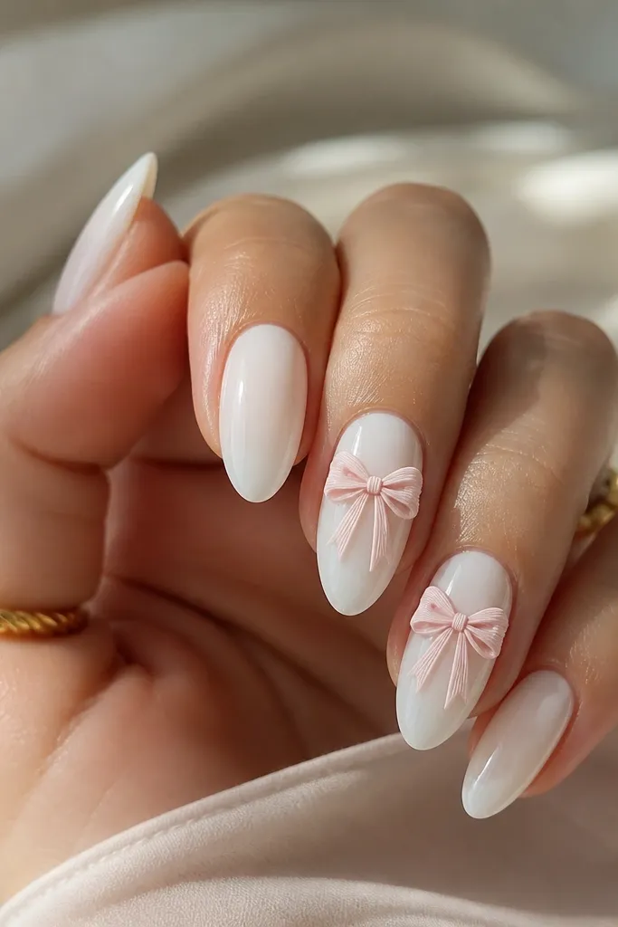 Milky white almond nails on most fingers. On two accent nails, a small blush bow sits near the cuticle, with glossy finish and subtle sparkle around the bow.
