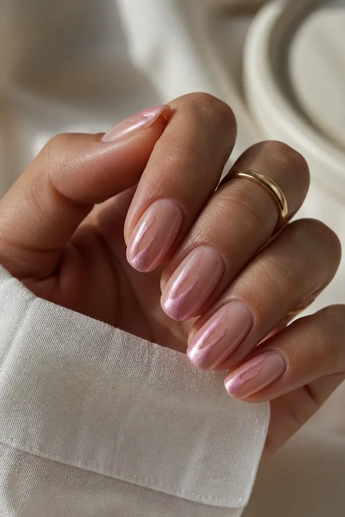 Clear glossy nails. A pink chrome swipe runs along one side of each nail from mid to near the tip, with a smooth gradient edge.
