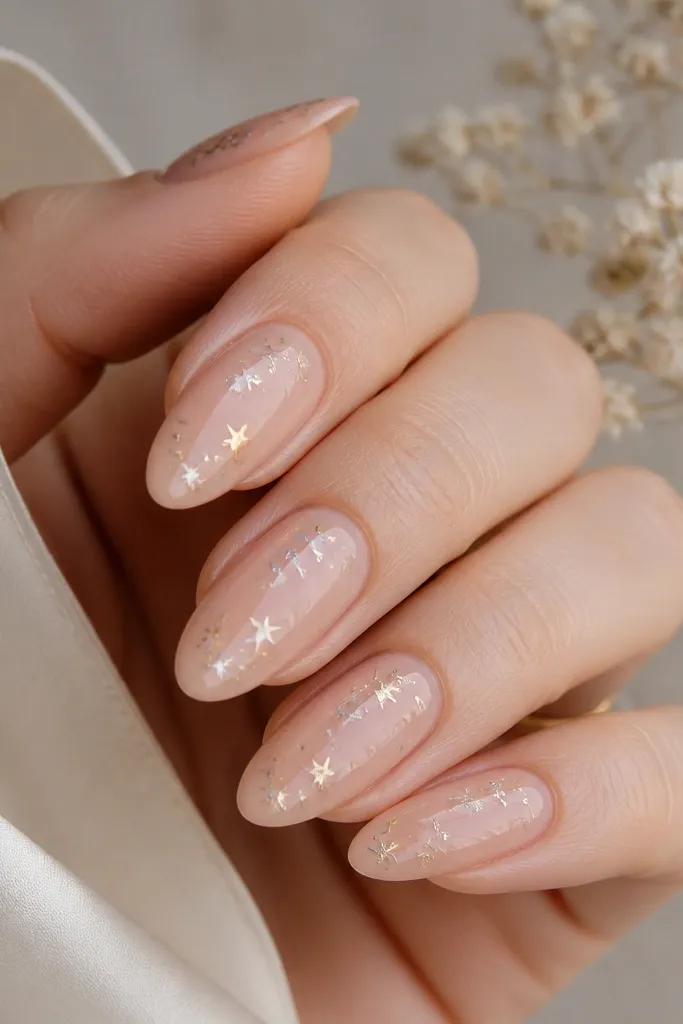 Soft pink nude almond nails with a glossy finish. Tiny gold and silver star confetti pieces are scattered lightly near the center and tip.