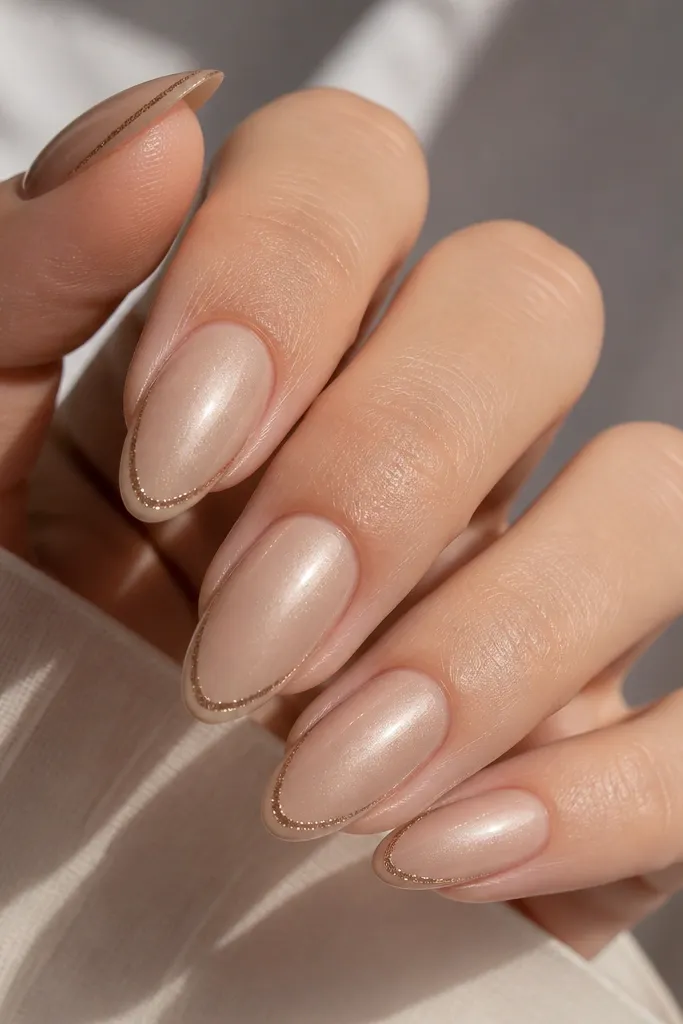 Champagne nude almond nails. Near the tip, there is a thin raised glitter line running along the edge, with sharp shine and a glossy finish.