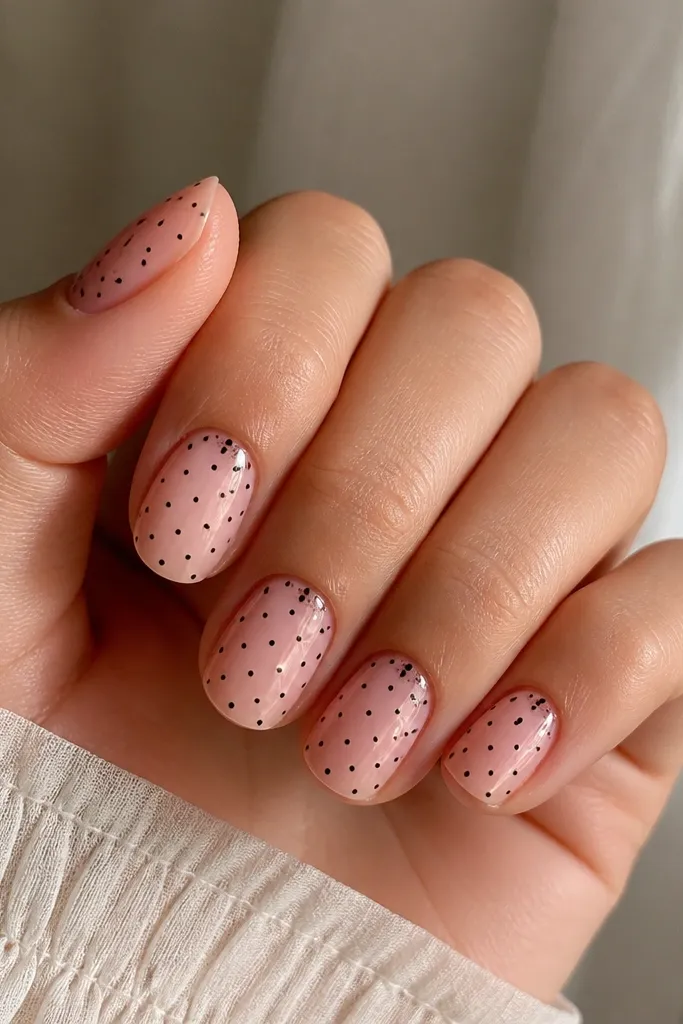 Short oval nails with a sheer pink base. Evenly spaced tiny black polka dots cover the nail, with a few dots clustered near the cuticle.