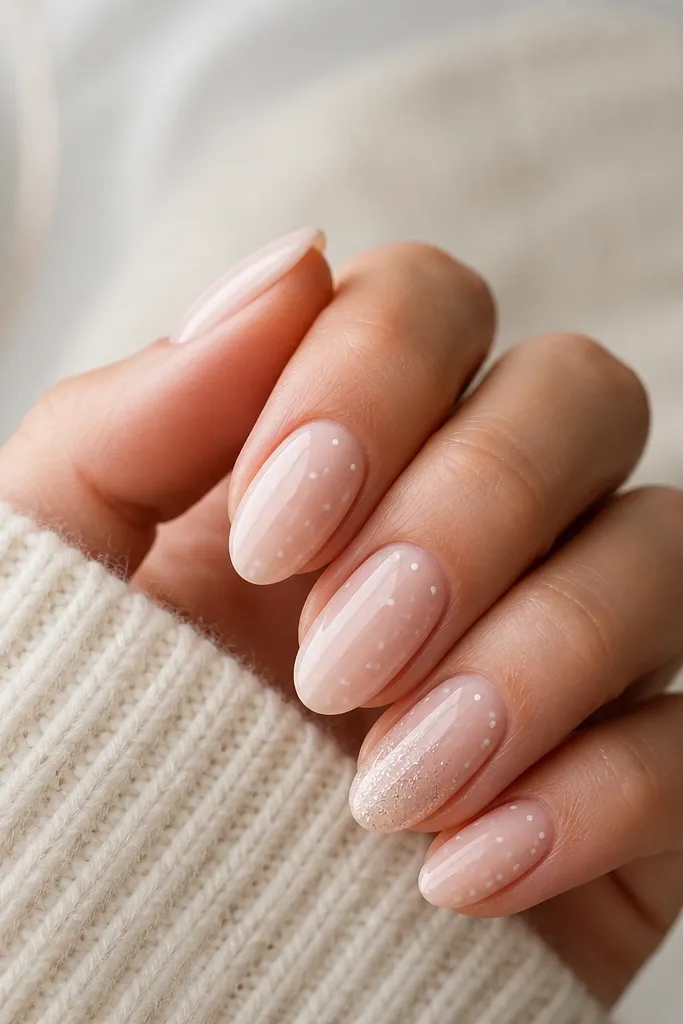 Medium almond nails in a milky nude base. Tiny white dots are scattered in a loose pattern. One accent nail has a faint dusting of micro glitter near the tips.