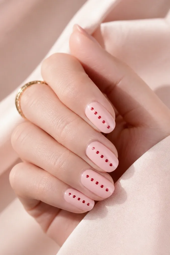 Ballet pink nails with a high-gloss finish. Medium-sized red polka dots sit in two neat rows down the center of each nail.