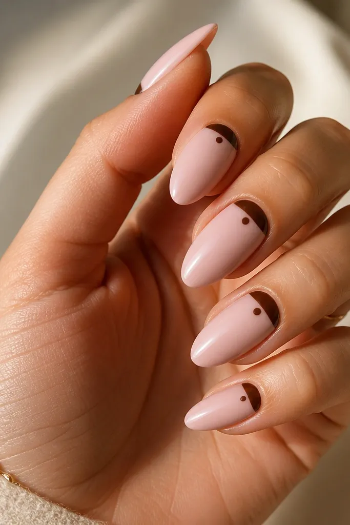 Long squoval nails. The base is milky pink. Half-moon shapes near the cuticle are painted in cocoa brown, and small cocoa dots scatter across the rest of the nail.