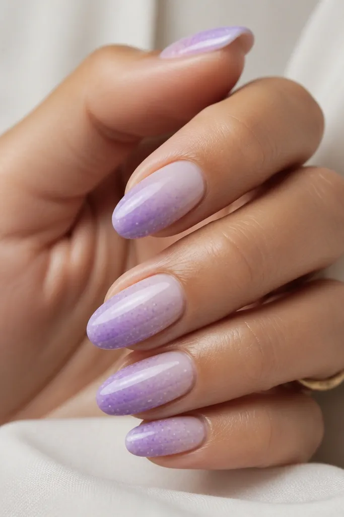 Medium almond nails with a soft gradient from milky pink at the cuticle to pale lavender at the tips. Tiny lavender dots scatter across the center area.