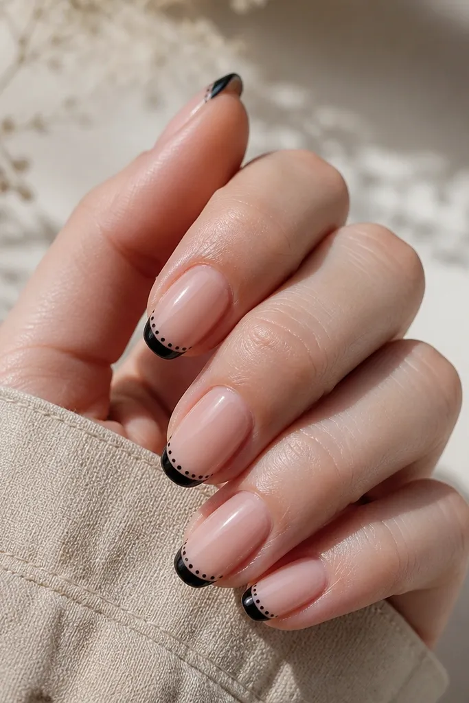 Sheer rosy nails with black French tips. Each French tip has a line of small black dots running along the edge like a dotted outline.