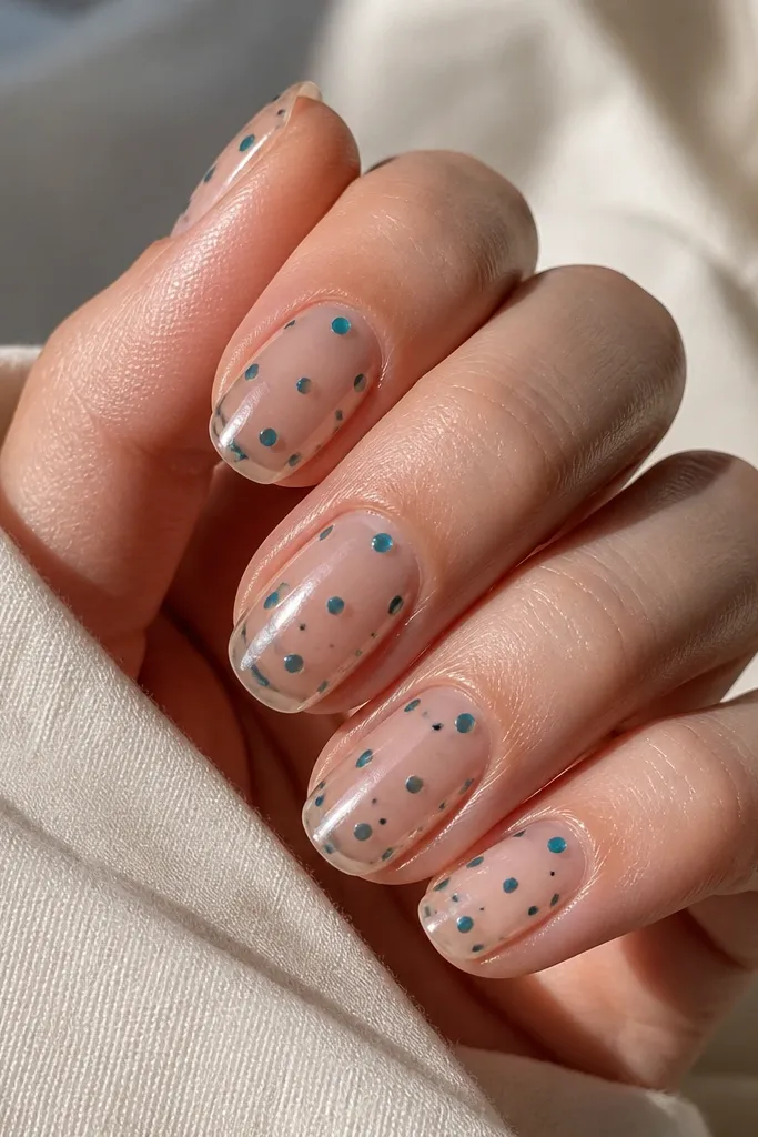 Clear jelly nails with a glossy, glass-like finish. Teal polka dots float across the nail, with a few dots closer to the cuticle.