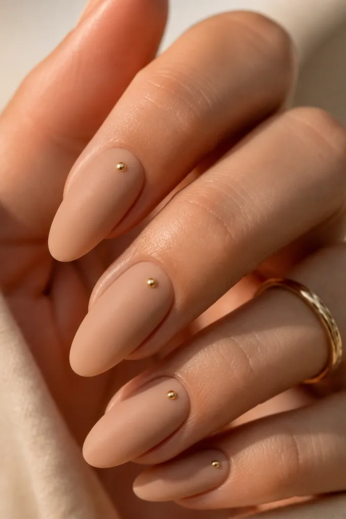 Nude nails with a matte finish. Small gold polka dots are placed near the cuticle and scattered toward the sides.