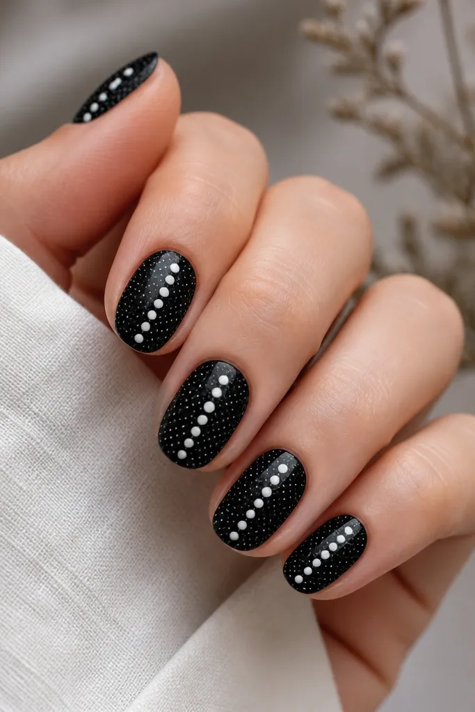 Black nails covered in tiny micro polka dots. Larger white dots sit on top in a diagonal line from cuticle to tip.