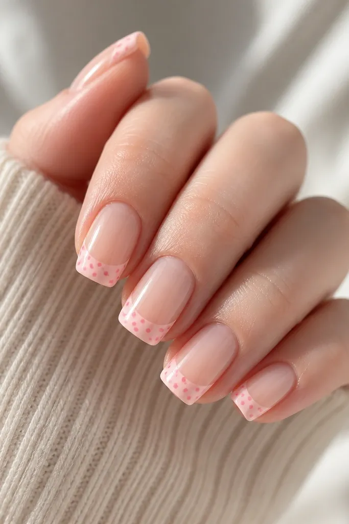 Clear nails with half-glazed tips in milky pink. Pink polka dots are placed only on the glazed tip area.