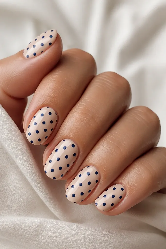 Creamy soft nude nails with navy blue polka dots. Dots are medium size and evenly spaced in a grid-like pattern.