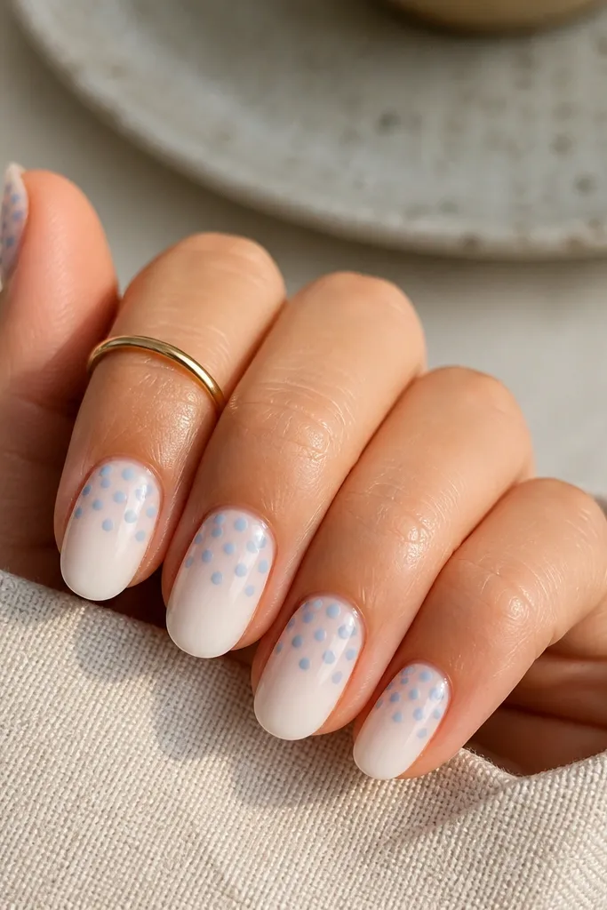 Milky white nails with baby blue polka dots. Dots sit mostly on the upper half of each nail, leaving the tips mostly plain.