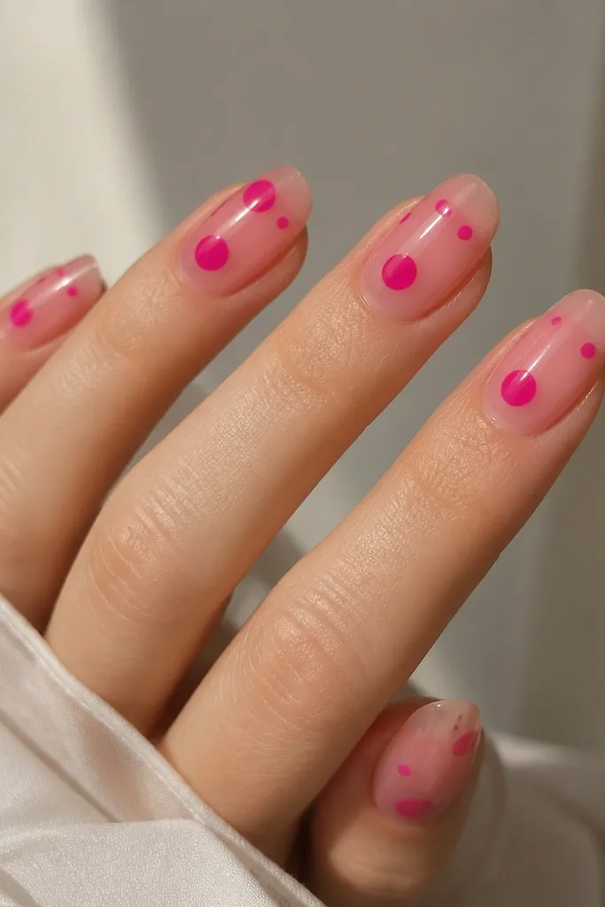 Clear pink jelly nails with glossy shine. Bright magenta dots float across the nails, with a few dots near the sides and one dot centered on each nail.