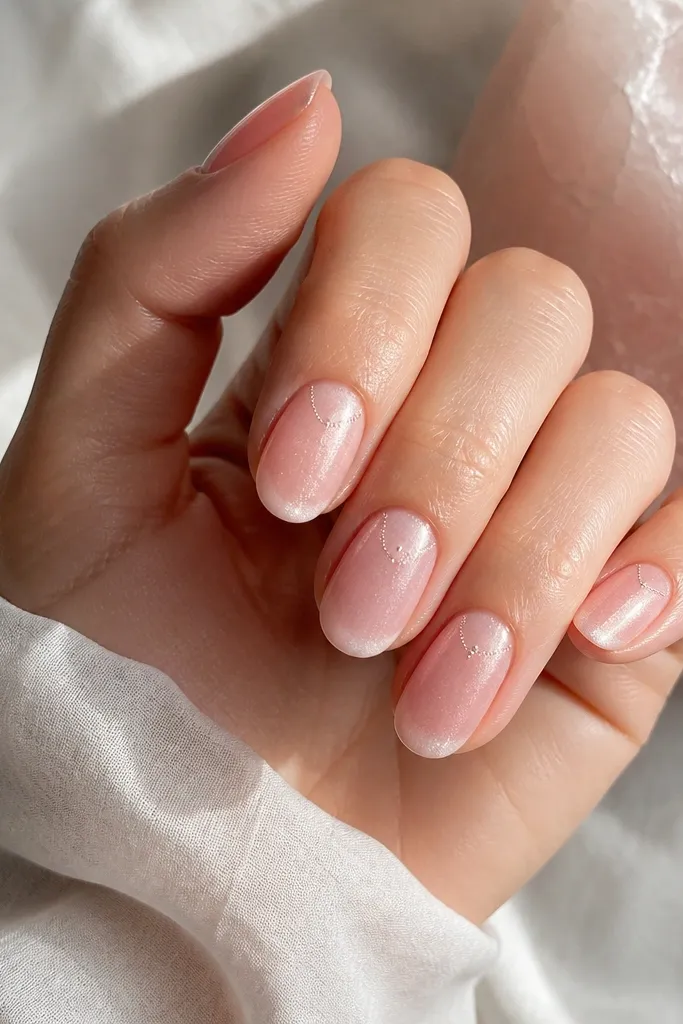 Rose quartz pink nails with a soft shimmer. Around each dot there is a tiny glitter outline, like dotted halos.