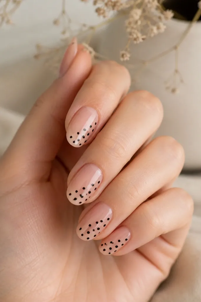 Nude nails with a diagonal panel of black polka dots on one side. The other side stays nude with no dots.