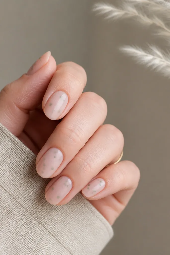 Sheer nude nails with a satin finish. Sage green polka dots are small and scattered lightly across the nail center.