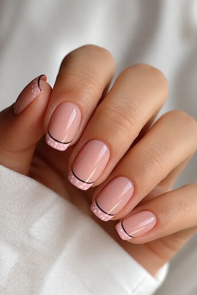 French tips in soft pink. A thin black line sits at the very edge of the French tip. White polka dots are centered on the French area.