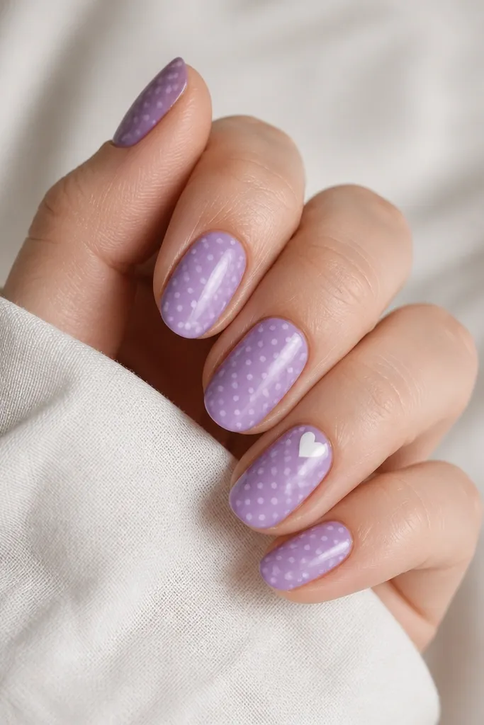 Lavender purple nails with slightly lighter lavender polka dots. One accent nail has a tiny white heart near the cuticle.