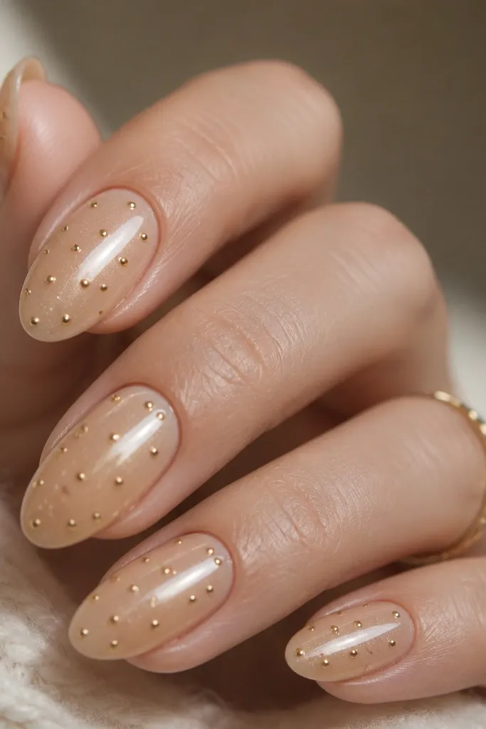 Champagne nude nails with a glossy, domed look. Gold polka dots are medium size and evenly spaced from cuticle to near the tip.