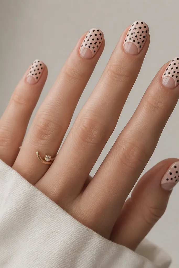 Nude base nails with a clear semi-circle frame around the cuticle. Black polka dots cover the rest of the nail body.