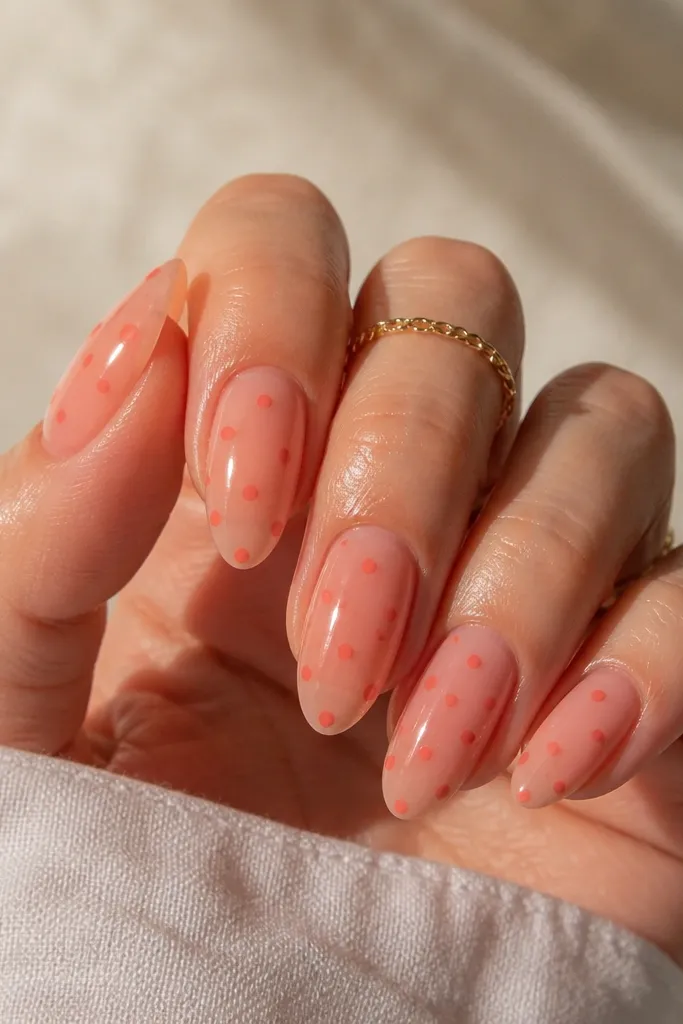 Sheer peach nails with shiny gloss. Coral polka dots are small and scattered, with a few dots clustered along the sidewall.