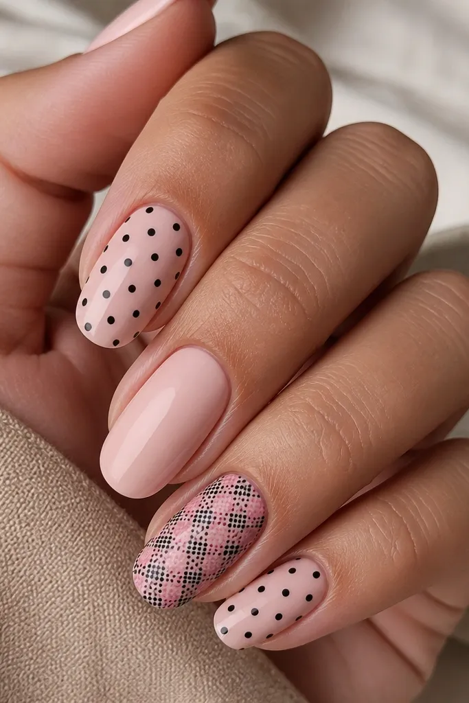 Half the nails are pale pink with black polka dots. One accent nail has a checker pattern made from alternating tiny dots of pink and black.