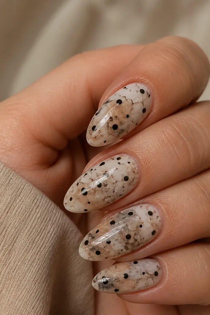 Nude marble nails with soft swirls in beige and white. Black polka dots sit on top in medium size, centered on each nail.
