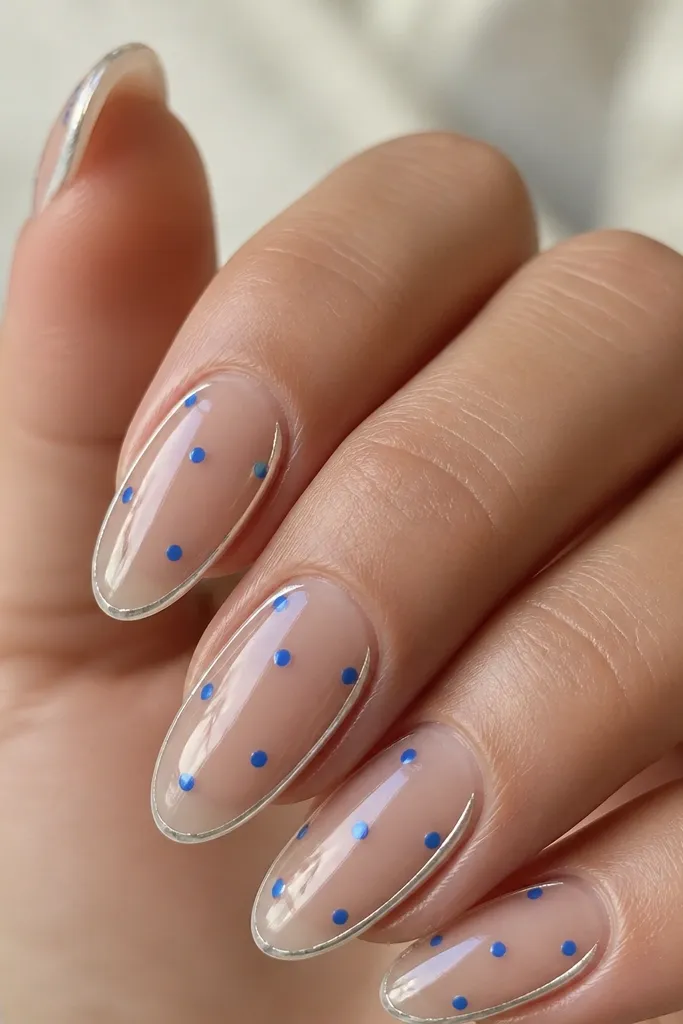 Clear nails with a silver strip along one side. Blue polka dots scatter across the nail, mainly opposite the silver line.