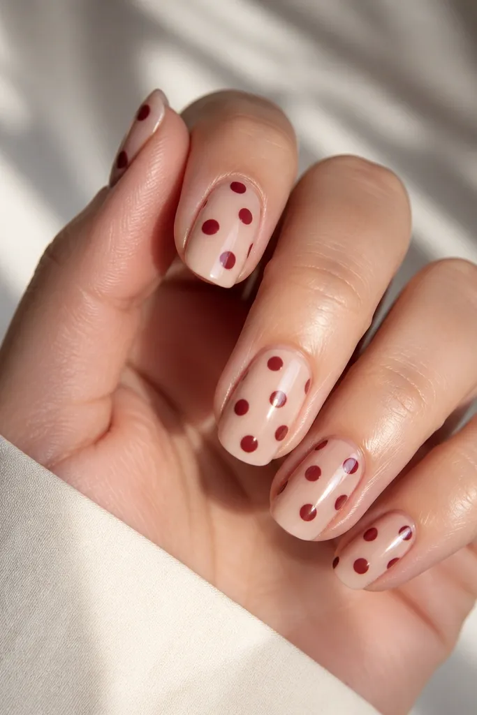 Nude nails with burgundy polka dots. The dots are matte while the nude base is glossy, creating a two-finish contrast.