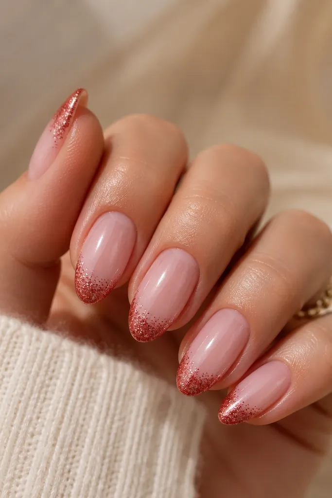Square nails painted milky pink with tiny cherry-red micro-glitter only at the very tips; glossy top coat; clean cuticle line.