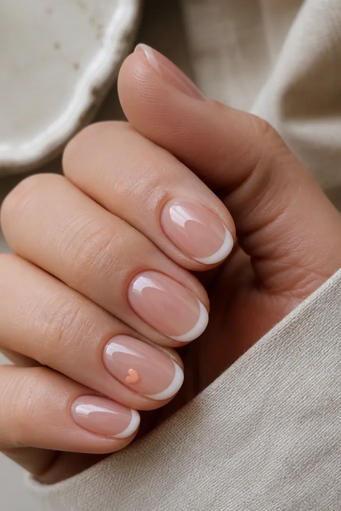 Short almond nails with a sheer rose base and soft French lines; one accent nail has a tiny peach heart near the cuticle; high shine.