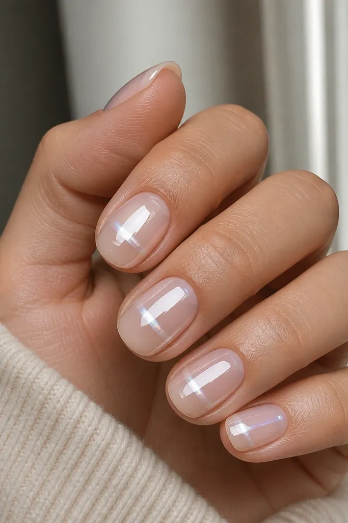 Clear nude nails with a frosty pearl chrome line running horizontally through the middle; mirror-like shine; rounded edges.