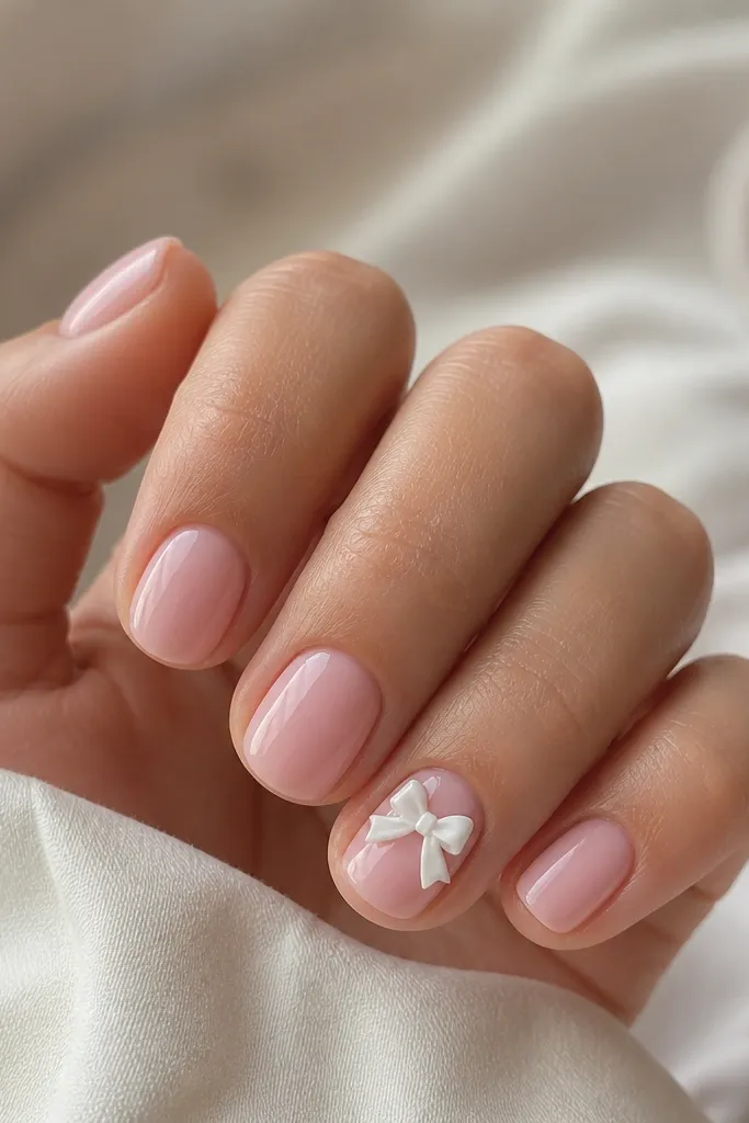Short glossy baby pink nails; ring finger has a small 3D white bow near the cuticle; other nails are plain glossy pink.