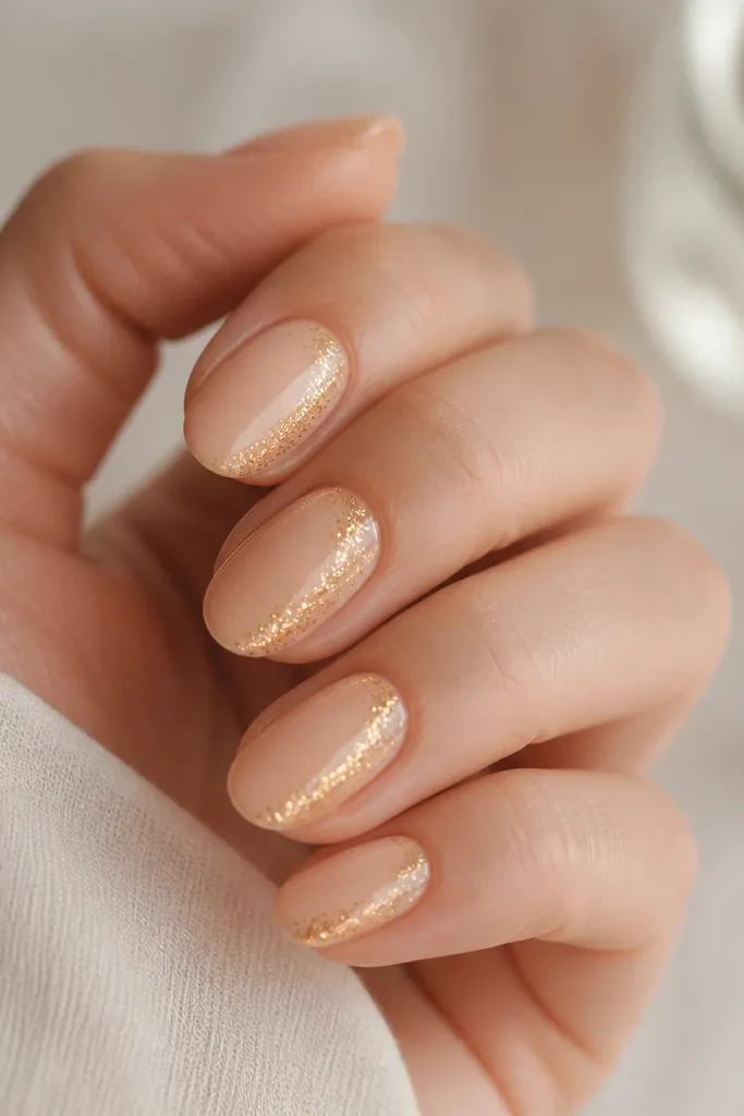 Peachy nude nails with gold dust concentrated along the right side of each nail; subtle sparkle; glossy finish.