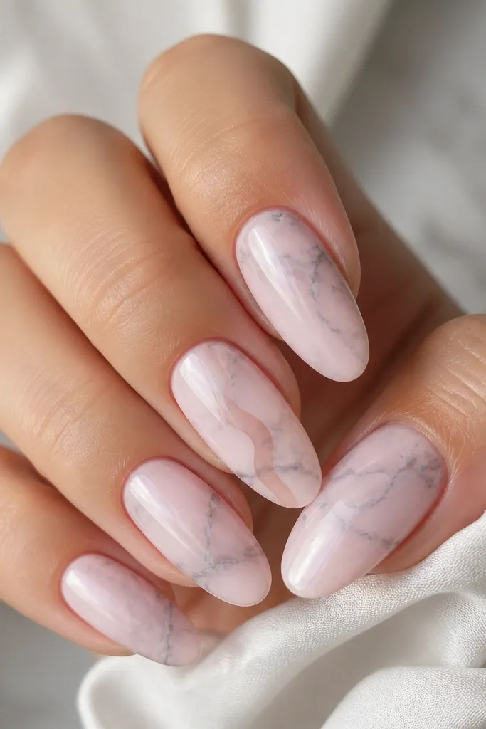 Light pink marble nails with grayish veining; one nail has a clear negative-space swirl line through the pattern; glossy top coat.
