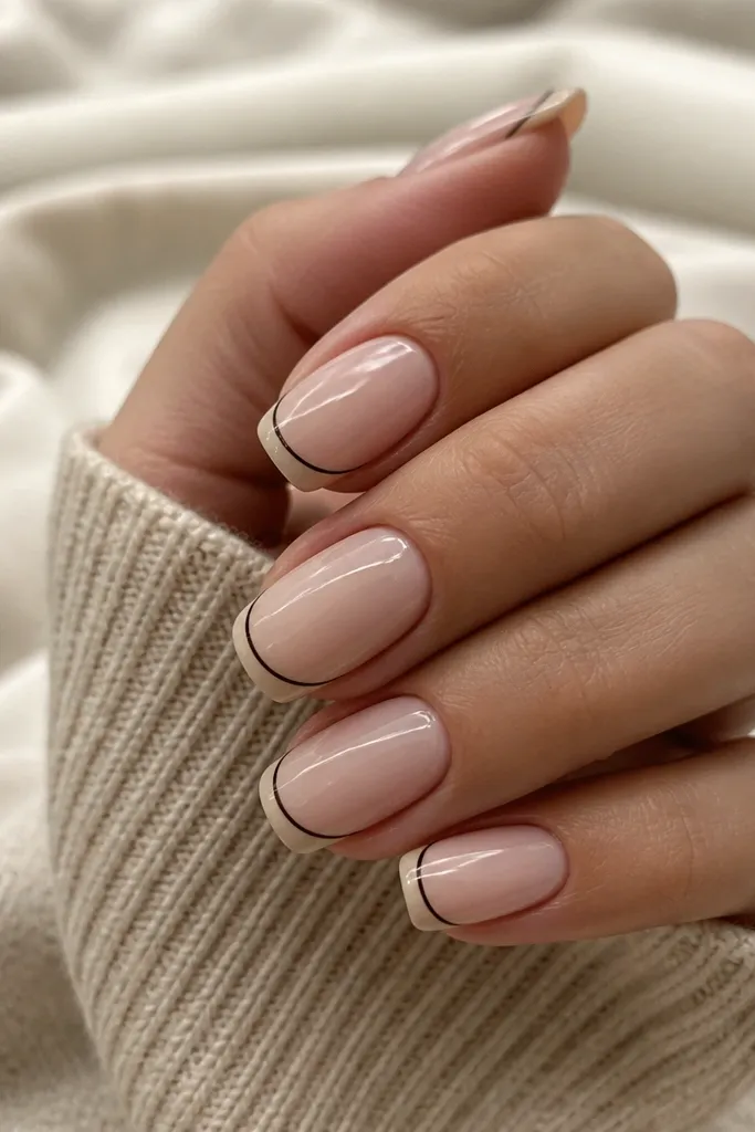 Nude base with a nude French tip; a thin espresso-brown line outlines the tip edge; glossy finish.